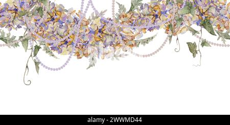 Illustrazione ad acquerello disegnata a mano foglie di fiori botanici di boho. Hydrangea hortensia tendini di edera con perle appassite viola. Banner senza interruzioni Foto Stock