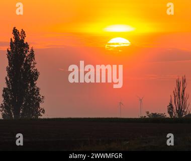 Un'alba sulle turbine eoliche in lontananza oltre un campo agricolo Foto Stock