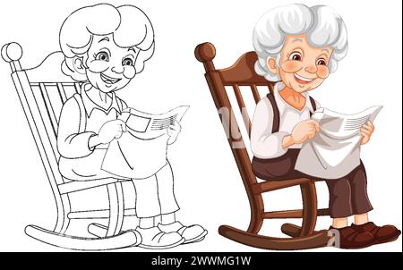 Illustrazioni artistiche colorate e in linea di una nonna che legge. Illustrazione Vettoriale