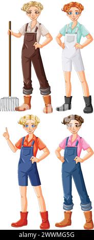 Quattro agricoltori di cartoni animati in vari abiti da lavoro. Illustrazione Vettoriale