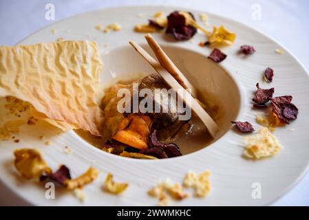 Un piatto del ristorante dell'Hotel El Prado, a Puigcerdà, con cucina tradizionale dei Pirenei (Cerdanya, Girona, Catalogna, Spagna, Pirenei) Foto Stock