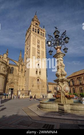 La Giralda, il campanile della cattedrale di Siviglia, visto da piazza Virgen de los Reyes (Siviglia, Andalusia, Spagna). In particolare: La Giralda de Sevilla Foto Stock