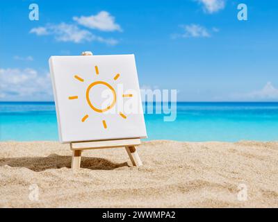 Una tela su un cavalletto con il simbolo del sole disegnato a mano sulla sabbia di una spiaggia. Vacanze estive o vacanze. Foto Stock