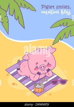 Buon maiale sulla spiaggia che prende il sole sulla riva del mare sotto le foglie di palma tropicali. Carino personaggio animale. Illustrazione vettoriale. Vacanze estive al mare postc. Verticale Illustrazione Vettoriale