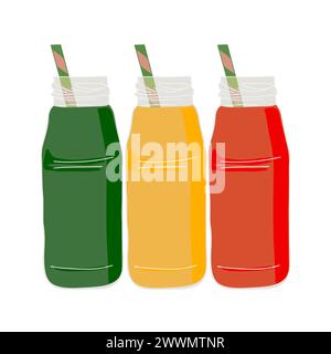 Frullato di frutta e verdura in bottiglia, sfondo bianco Illustrazione Vettoriale