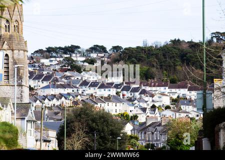 Molte case in una zona suburbana di Torquay con alberi verdi, contro un cielo blu e bianco Foto Stock