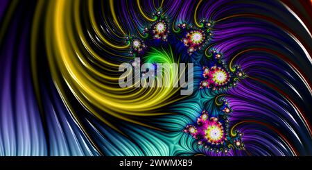 Sfondo a spirale multicolore, concetto di colorazione floreale, arte moderna, astratto digitale, futuristico disegno frattale, rendering 3D, illustrazione 3D. Foto Stock
