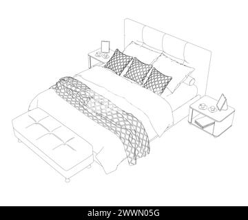 Icona del letto disegnata a mano nel vettore. Profilo di un letto da letto con una coperta non realizzata e cuscini dalle linee nere isolate su uno sfondo bianco. Vista da Illustrazione Vettoriale