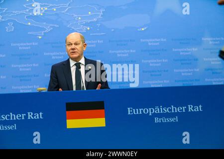 Bruxelles, Belgio. 22 marzo 2024. Nicolas Landemard/le Pictorium - Vertice europeo 2024 marzo - 22/03/2024 - Belgio/Bruxelles/Bruxelles - Conferenza stampa del Cancelliere Olaf Scholz dopo il Vertice europeo. Crediti: LE PICTORIUM/Alamy Live News Foto Stock