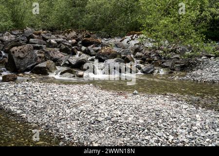 Un fiume con acqua bassa e una barra di ghiaia con acqua che scorre sulle rocce dietro di esso. Le nuove foglie sono sulle boccole sullo sfondo. Foto Stock