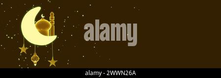 Striscione islamico con luna crescente, moschea, stelle dorate appese e particelle scintillanti. Ramadan, Mubarak, iftar, Islamico , religione, musulmano, digiuno,... Foto Stock