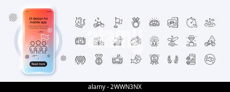 Icone dell'app bike, della linea e-bike e del vincitore per l'app Web. Schermo gradiente mockup telefono. Pacchetto di icone con pittogramma Stop Fishing, Yoga, Winner Cup. Pesce, bici A. Illustrazione Vettoriale