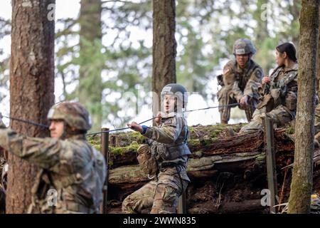 Gli Army ROTC Cadets della Boise State University gareggiano nell'evento One-Rope Bridge il 10 febbraio presso Joint base Lewis-McChord, Wa. Army ROTC Cadets dalla parte settentrionale dell'8TH Brigade Army ROTC gareggiò nella Task Force North Ranger Challenge dal 9 al 10 febbraio. I vincitori della Task Force North and South Ranger Challenges dell'8th Brigade rappresenteranno l'8th Brigade "Vikings" alla Sandhurst Military Skills Competition che si terrà presso l'Accademia militare degli Stati Uniti ad aprile. | Esercito degli Stati Uniti Foto Stock