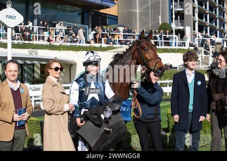 Ascot, Berkshire, Regno Unito. 24 marzo 2024. Horse Martator (No 4) guidato dal fantino Charlie Deutsch vince il LK Bennett handicap Steeple Chase al Spring Family Raceday all'Ascot Racecourse. Proprietaria Camillia Norton, Trainer Venetia Williams, Hereford, Sponsor Faucets Limited. Crediti: Maureen McLean/Alamy Live News Foto Stock