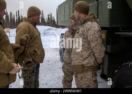 U.S. Marine Corps Brig. Gen. Matthew Good, Vice Comandante, Fleet Marine Force, Atlantic, Marine Forces Command, Marine Forces Northern Command, chiede ai Marines di Fox Battery, 2nd Battalion, 14th Marine Regiment, 4th Marine Division, Marine Forces Reserve informazioni sull'addestramento High Mobility Artillery Rocket System (HIMARS) durante l'esercitazione Arctic Edge 2024, presso Eielson Air Force base, Alaska, 22 febbraio 2024. Nel 1996, Lockheed Martin ha sviluppato il primo HIMARS. Dopo anni di test e sviluppo, nel 2005 il corpo dei Marines iniziò a integrarli in unità per esercitazioni di addestramento. Due anni dopo, Foto Stock