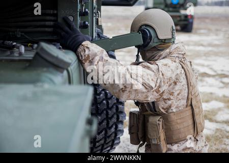 Un Marine degli Stati Uniti con Fox Battery, 2nd Battalion, 14th Marine Regiment, 4th Marine Division, Marine Forces Reserve esegue la manutenzione di un High Mobility Artillery Rocket System (HIMARS) durante un'esercitazione congiunta a supporto dell'esercitazione Arctic Edge 2024 a Fort Greely, Alaska, 18 febbraio 2024. Come parte delle capacità della Marine Air-Ground Task Force (MAGTF), il sistema d'arma HIMARS contribuisce in modo significativo alla proiezione di potenza del MAGTF e al supporto di precisione del fuoco per i Marines in diversi scenari, compresi quelli in un ambiente artico, migliorando l'efficacia e la versatilità complessive. Arco Foto Stock