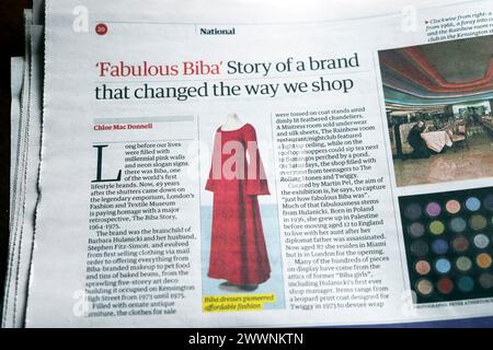 "Fabulous Biba' Storyof un marchio che ha cambiato il nostro modo di fare acquisti" il quotidiano Guardian ha pubblicato il titolo del 1960s 1970s fashion retail articolo 23 marzo 2024 Londra Regno Unito Foto Stock