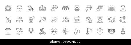 Icone di allenamento dei manubri, galleggiante da pesca e linea di mulinello da pesca. Per applicazioni Web, stampa. Icone di linea. Vettore Illustrazione Vettoriale