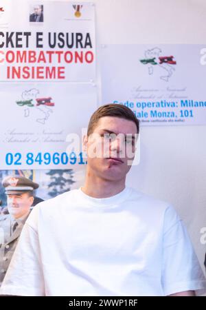 Milano, Italia. 25 marzo 2024. Danylo Shydlovskyi il ragazzo ucraino sfregiato dopo un'aggressione incontra i giornalisti presso la sede di SOS Italia libera, bene confiscato alla Ndrangheta in Viale Monza 101 - Cronaca - Milano, Italia - Lunedì, 25 marzo 2024 (foto Stefano porta/LaPresse) Danylo Shydlovskyi, il ragazzo ucraino segnato dopo un attacco, incontra i giornalisti presso la sede di SOS Italia libera, beni confiscati alla Ndrangheta in Viale Monza 101 - News - Milano, Italia - lunedì 25 marzo 2024 (foto Stefano porta/LaPresse) credito: LaPresse/Alamy Live News Foto Stock