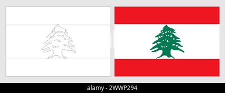 Bandiera Libano - pagina da colorare. Set di bandierine a reticolo bianco con contorno nero sottile e bandierine colorate originali. Illustrazione Vettoriale