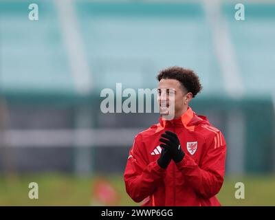 Cardiff, Regno Unito. 25 marzo 2024. Ethan Ampadu del Galles durante l'allenamento della squadra di calcio gallese a Hensol, vale of Glamorgan, nel Galles del Sud, lunedì 25 marzo 2024. La squadra si sta allenando in vista della partita di qualificazione a Euro 2024 contro la Polonia di domani. foto di Andrew Orchard/Andrew Orchard Sports Photography/ Alamy Live News Credit: Andrew Orchard Sports Photography/Alamy Live News Foto Stock