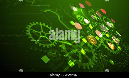 Schema della tecnologia delle ruote dentate su sfondo in pendenza. Vettore disegnato a mano. Illustrazione Vettoriale