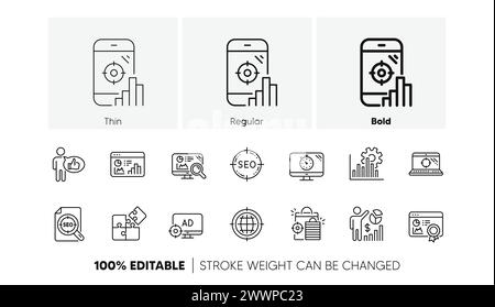 Icone della linea SEO. Aumentare le vendite, la strategia aziendale e l'ottimizzazione della ricerca. Set di icone lineari. Icone di linea. Vettore Illustrazione Vettoriale