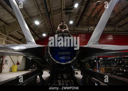 Christopher Hurd, un istruttore di manutenzione F-35A Lightning II assegnato al 388th Logistics Support Squadron, aiuta a guidare un motore F-135 su un F-35 Lightning II alla Hill Air Force base, Utah, 15 febbraio 2024. Con il nuovo addestratore, il Field Training Detachment e il Logistics Support Squadron possono garantire in modo più efficiente che i manutentori ricevano la formazione di cui hanno bisogno senza prendere in prestito aeromobili dalla flightline. Aeronautica militare Foto Stock