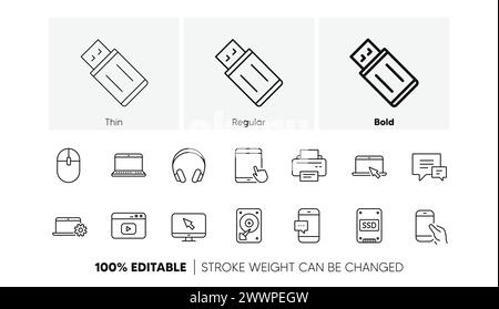 Icone della linea del dispositivo. Laptop, SSD e cuffie. Set di icone lineari. Icone di linea. Vettore Illustrazione Vettoriale