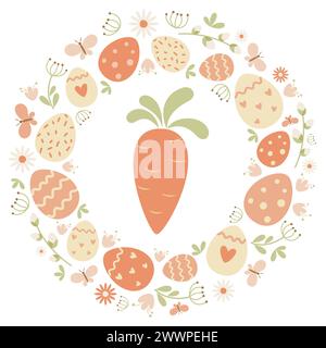 Cartolina di Pasqua con carote, fiori, foglie, uova su sfondo bianco. Ornamento rotondo. Ideale per il design delle vacanze. Vettore. Illustrazione Vettoriale