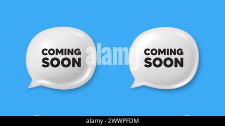 Presto disponibile. Insegna del banner promozionale. Icone 3d del fumetto vocale della chat. Vettore Illustrazione Vettoriale