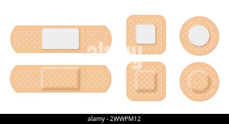 Set di bende adesive per illustrazioni vettoriali rettangolari, quadrate e rotonde. fascia elastica realistica in 3d, vista posteriore e frontale dell'intonaco beige Illustrazione Vettoriale