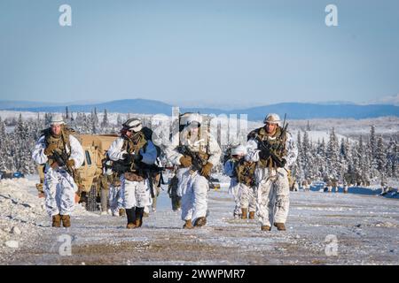 I paracadutisti dell'esercito statunitense del 3rd Battalion, 509th Parachute Infantry Regiment, 2nd Infantry Brigade Combat Team (Airborne), 11th Airborne Division, lasciano la zona di lancio dopo aver terminato un'operazione aviotrasportata come parte del Joint Pacific Multinational Readiness Center 24-02 nella Donnelly Training area, Alaska, 8 febbraio 2024. JPMRC 24-02 è una dimostrazione della capacità dei nostri soldati di sopravvivere e prosperare nell’Artico, e della capacità dell’11th Airborne Division di combattere e vincere le guerre della nostra nazione ovunque Foto Stock