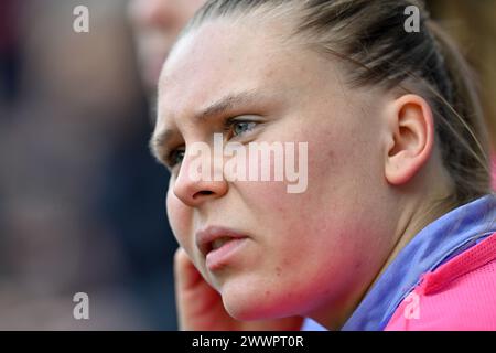 Anderlecht, Belgio. 23 marzo 2024. Lara Schenk (18) di Anderlecht nella foto durante una partita di calcio femminile tra RSC Anderlecht e Club Brugge YLA nella prima partita dei play off nella stagione 2023 - 2024 della belga lotto Womens Super League, sabato 23 marzo 2024 ad Anderlecht, Belgio. Crediti: Sportpix/Alamy Live News Foto Stock