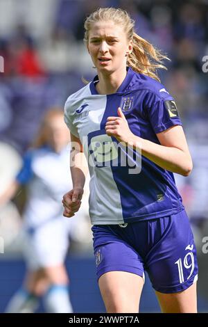 Anderlecht, Belgio. 23 marzo 2024. Ludmila Matavkova (19) di Anderlecht nella foto durante una partita di calcio femminile tra RSC Anderlecht e Club Brugge YLA nella prima partita dei play off nella stagione 2023 - 2024 della belga lotto Womens Super League, sabato 23 marzo 2024 ad Anderlecht, Belgio. Crediti: Sportpix/Alamy Live News Foto Stock
