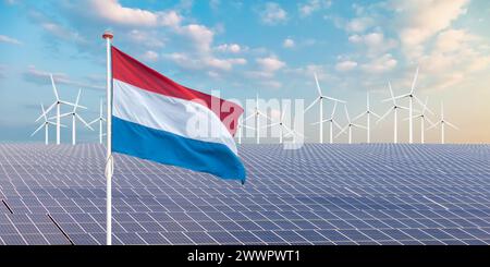 Bandiera ufficiale dei Paesi Bassi di fronte a una vasta gamma di pannelli solari e turbine eoliche Foto Stock