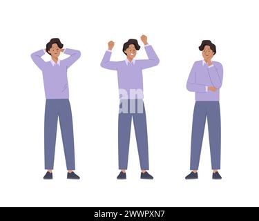 Il giovane uomo prova emozioni positive diverse. Vari gesti maschili e pose impostati. Lavoro di successo, felice, soddisfazione. Illustrazione vettoriale in piano Illustrazione Vettoriale