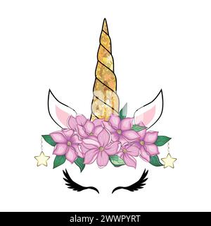 Carina testa di unicorno con corona di fiori Illustrazione Vettoriale