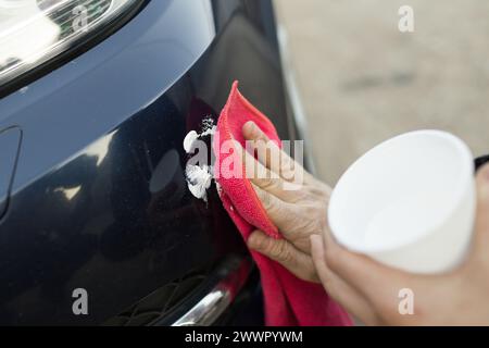 Pasta lucidante manuale per auto con panno in microfibra per la pulizia dei dettagli Valet vernice vernice per veicoli Foto Stock