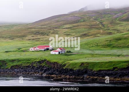 Fattoria solitaria in Islanda su una costa rocciosa in condizioni di maltempo Foto Stock