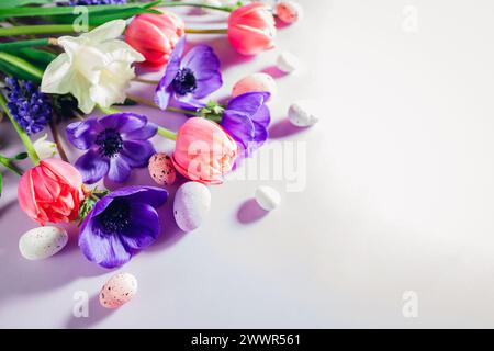 Buon modello di Pasqua. Le uova di Pasqua con fiori viola rosa primaverile sono piatte su sfondo viola. Biglietto d'auguri o striscione con fiori. Spazio. Vista dall'alto Foto Stock