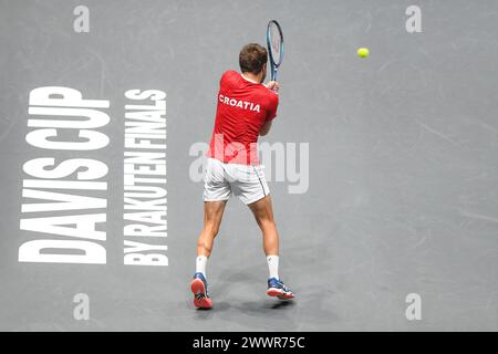 Borna Coric (Croazia) contro l'Argentina. Finali della Coppa Davis, Gruppo A (Bologna) Foto Stock
