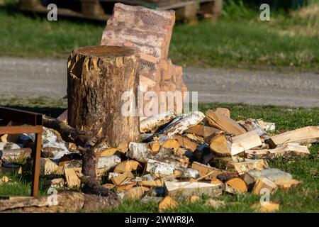 Legna da fuoco tritata stesa a terra e in un sacco di rete. Foto Stock