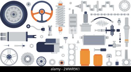 Pezzi di ricambio meccanici. Icone piatte di ricambio della macchina diverse. Meccanismo di raccolta, ingranaggi, ruote e giunti. Il servizio di riparazione era discreto e isolato Illustrazione Vettoriale
