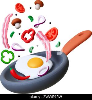 Colazione in cucina in 3D. Sulle uova, le verdure e le fette di pancetta. Il cibo del mattino esplode sulla padella. Ingredienti realistici, vettoriale sporco Illustrazione Vettoriale