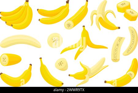 Banane cartoni animati. Banana fresca isolata, taglia fette, in scorza e frutta sbucciata. Cibo vitaminico esotico, snack vegetariano tropicale, set di vettori neoterici Illustrazione Vettoriale