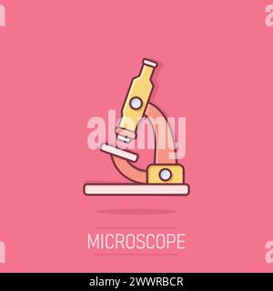 Icona microscopio in stile comico. Illustrazione vettoriale cartoon da laboratorio con lente di ingrandimento su sfondo isolato. Strumenti biologici effetto spruzzi segno busine Illustrazione Vettoriale