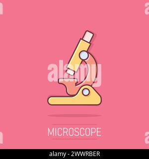 Icona microscopio in stile comico. Illustrazione vettoriale cartoon da laboratorio con lente di ingrandimento su sfondo isolato. Strumenti biologici effetto spruzzi segno busine Illustrazione Vettoriale