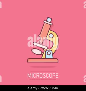 Icona microscopio in stile comico. Illustrazione vettoriale cartoon da laboratorio con lente di ingrandimento su sfondo isolato. Strumenti biologici effetto spruzzi segno busine Illustrazione Vettoriale