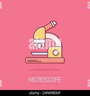 Icona microscopio in stile comico. Illustrazione vettoriale cartoon da laboratorio con lente di ingrandimento su sfondo isolato. Strumenti biologici effetto spruzzi segno busine Illustrazione Vettoriale